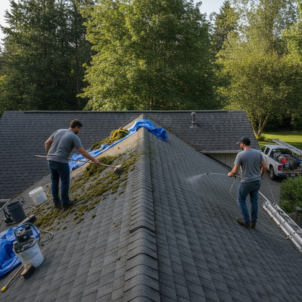 Create a realistic, professional service-business photograph showing Roof Moss Removal  in progress. People may be present, but only from behind, with the backs of their heads visible. Do not show any faces, facial features, front-facing vi