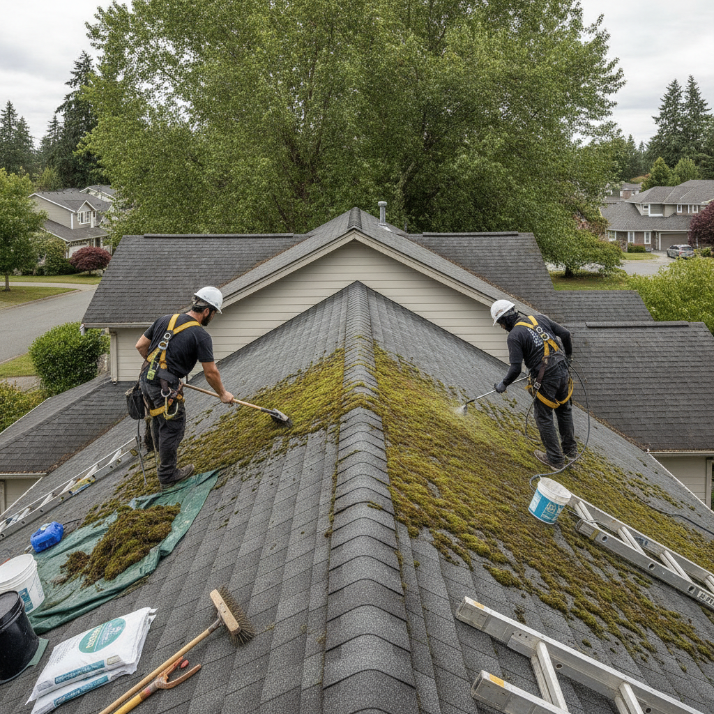 Create a realistic, professional service-business photograph showing Roof Moss Removal  in progress. People may be present, but only from behind, with the backs of their heads visible. Do not show any faces, facial features, front-facing vi