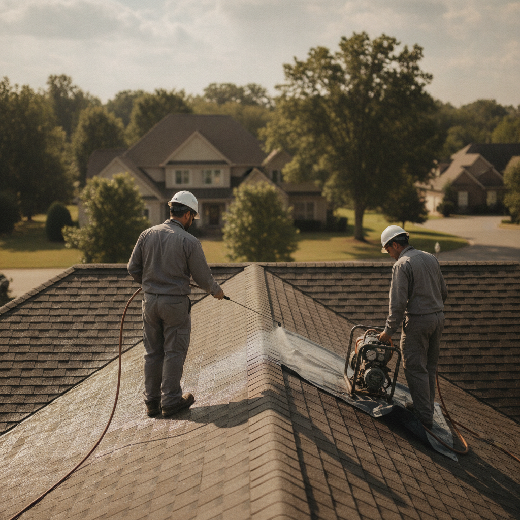Create a realistic, professional service-business photograph showing Roof Rejuvenation in progress. People may be present, but only from behind, with the backs of their heads visible. Do not show any faces, facial features, front-facing vie