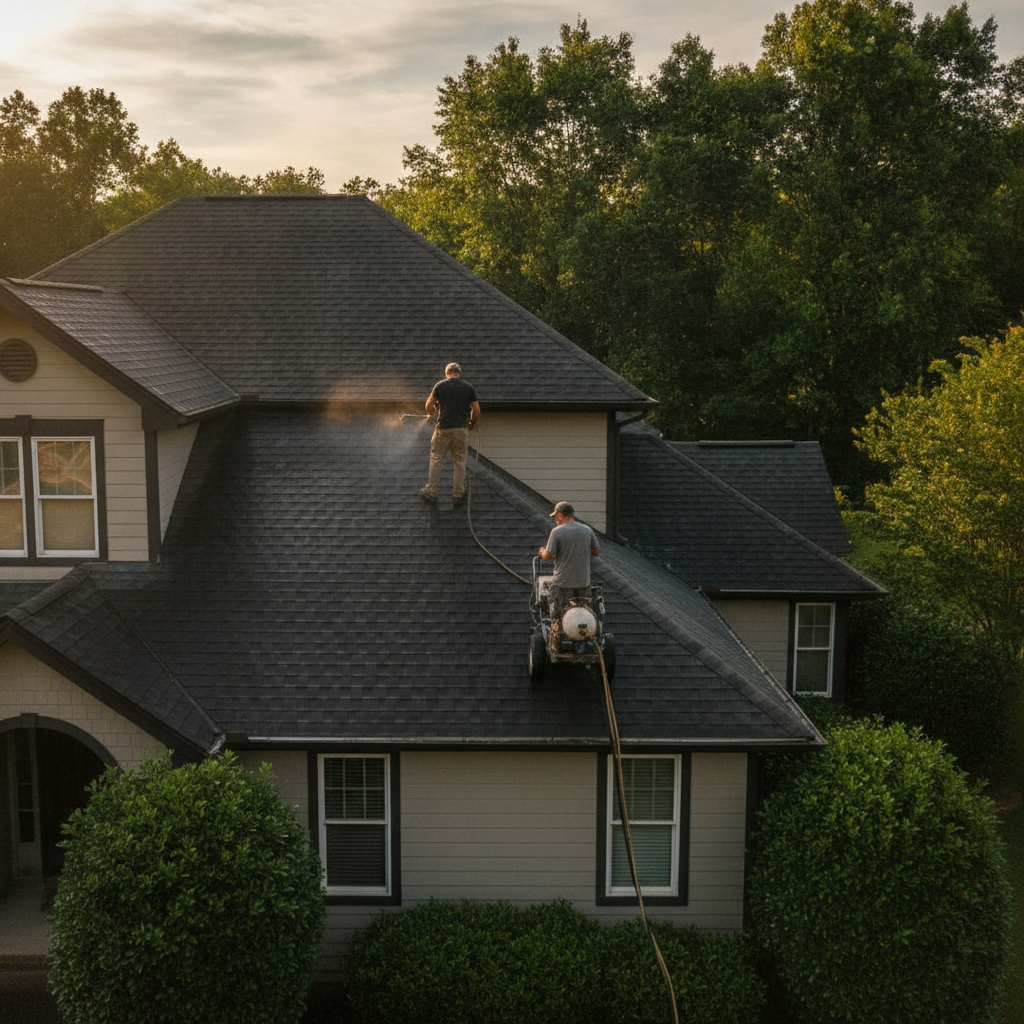 Create a realistic, professional service-business photograph showing Roof Rejuvenation in progress. People may be present, but only from behind, with the backs of their heads visible. Do not show any faces, facial features, front-facing vie